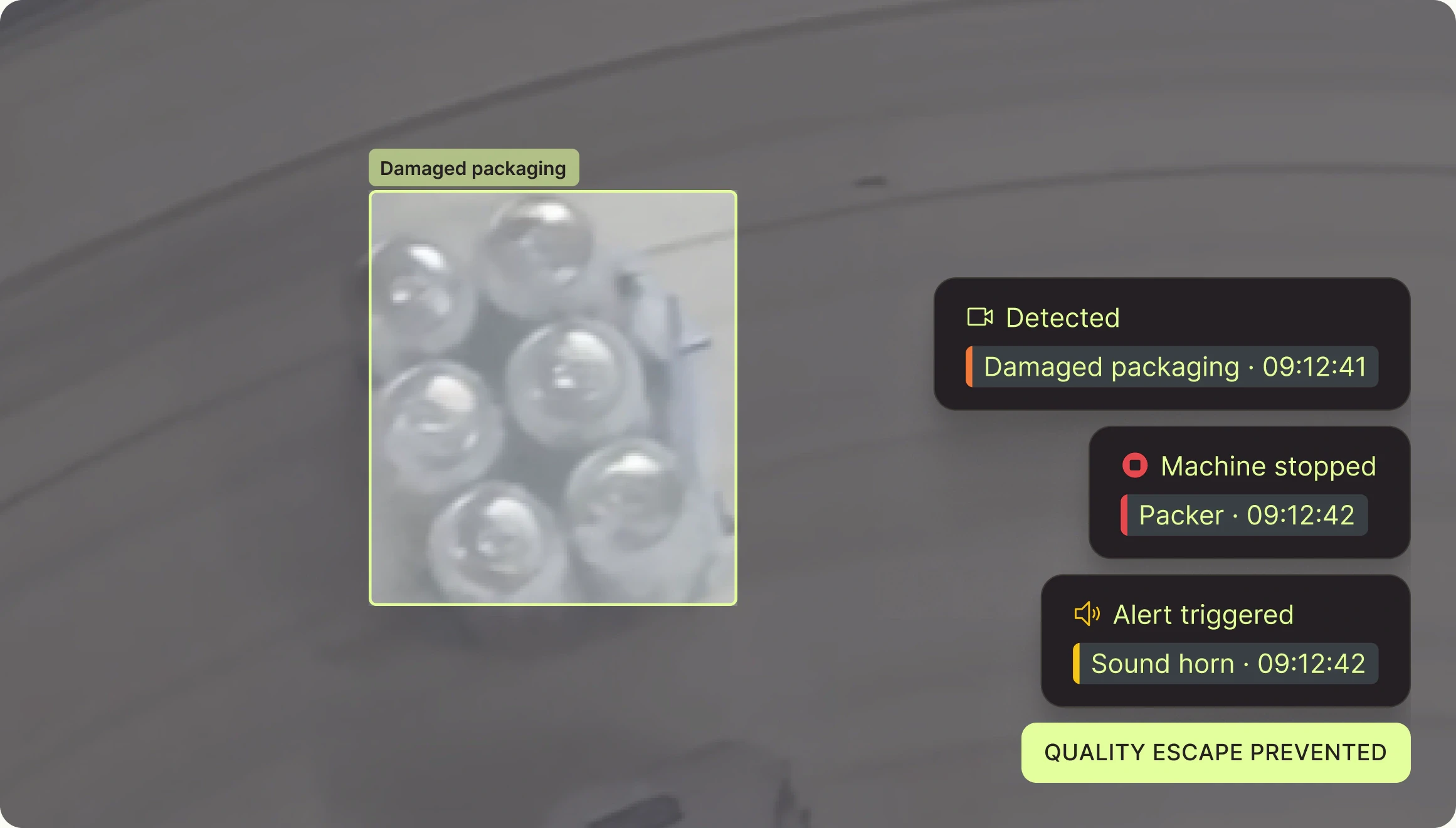 Damaged packaging detected: packer stopped, horn sounded, quality escape prevented