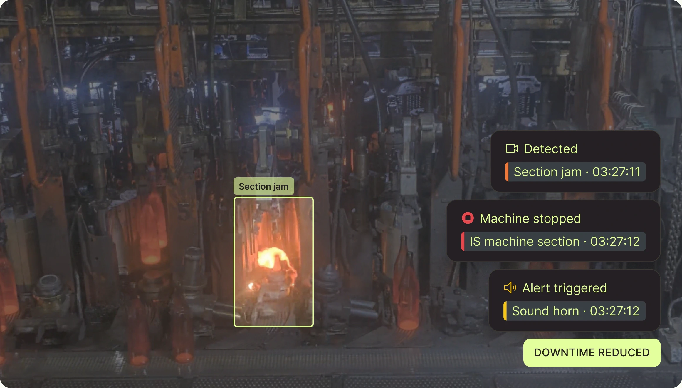 Section jam detected at the IS machine: section stopped, horn sounded, downtime reduced