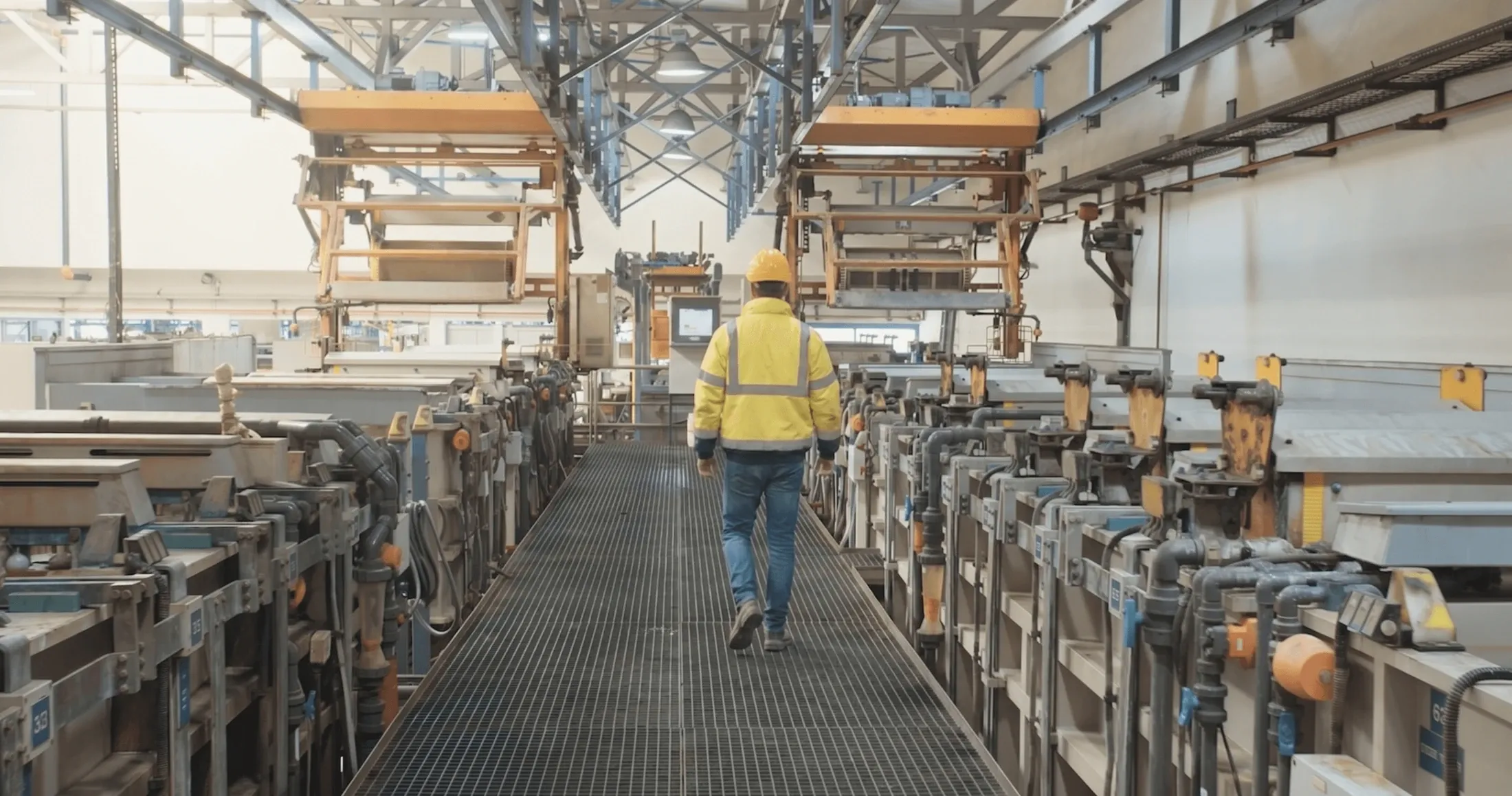 Worker in a hi-vis jacket walking down a walkway between production lines